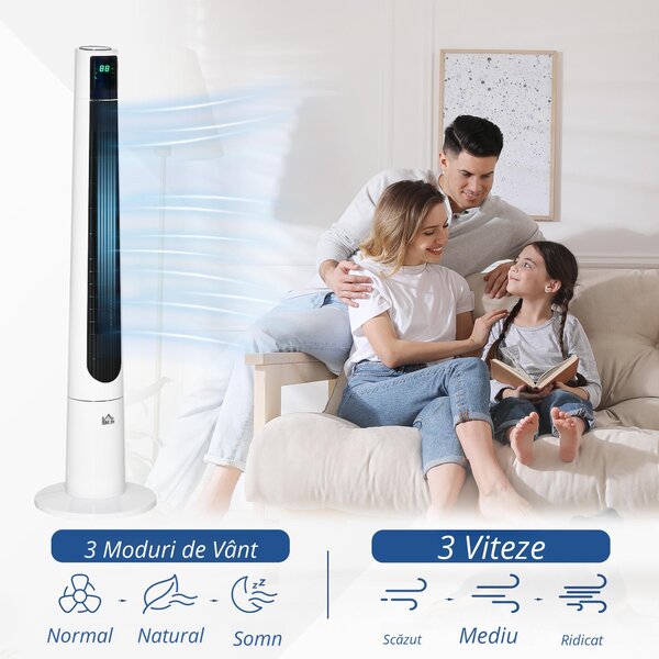 HOMCOM Ventilator Turn cu 3 Moduri și 3 Viteze cu Cronometru 12h, Ventilator de Podea ABS cu Telecomandă, Ø32x118.2 cm, Alb | Aosom Romania
