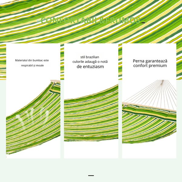 Outsunny Hamac Matrimonial in Bumbac cu Dungi Verde Galben si Alb cu Perne | Aosom Romania