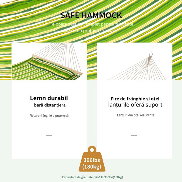 Outsunny Hamac Matrimonial in Bumbac cu Dungi Verde Galben si Alb cu Perne | Aosom Romania