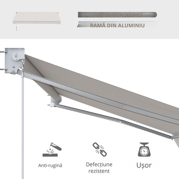 Outsunny Copertină Manuală pentru Soare, Cadru din Aluminiu și Poliester, Protecție UV, 200x295 cm, Alb Crem | Aosom Romania