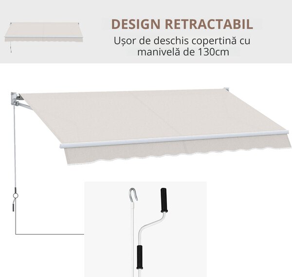 Outsunny Copertină Manuală pentru Soare, Cadru din Aluminiu și Poliester, Protecție UV, 200x295 cm, Alb Crem | Aosom Romania
