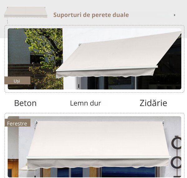 Outsunny Copertină Manuală pentru Soare, Cadru din Aluminiu și Poliester, Protecție UV, 200x295 cm, Alb Crem | Aosom Romania