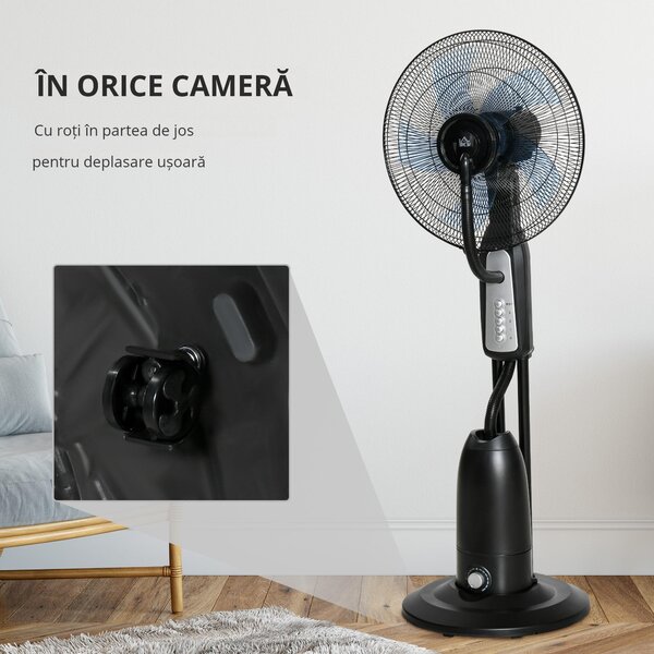 HOMCOM Ventilator Nebulizator cu 4 Roți, cu Rezervor 2.8L și 4 Viteze, Ventilator de Podea Metalic, PE și ABS, 44.5x44.5x120 cm, Negru