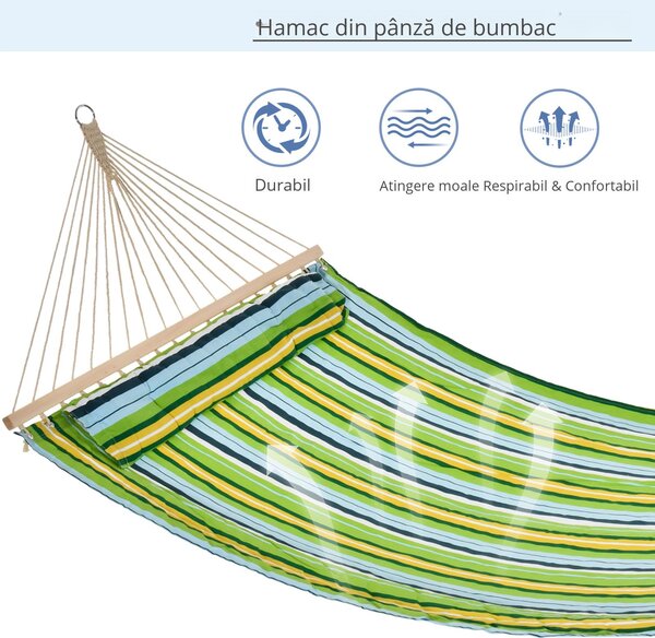Outsunny Hamac de Grădina pentru Relaxare, 1-2 Persoane, din Bumbac și Poliester, cu Pernă Detașabilă, 400x140 cm | Aosom Romania