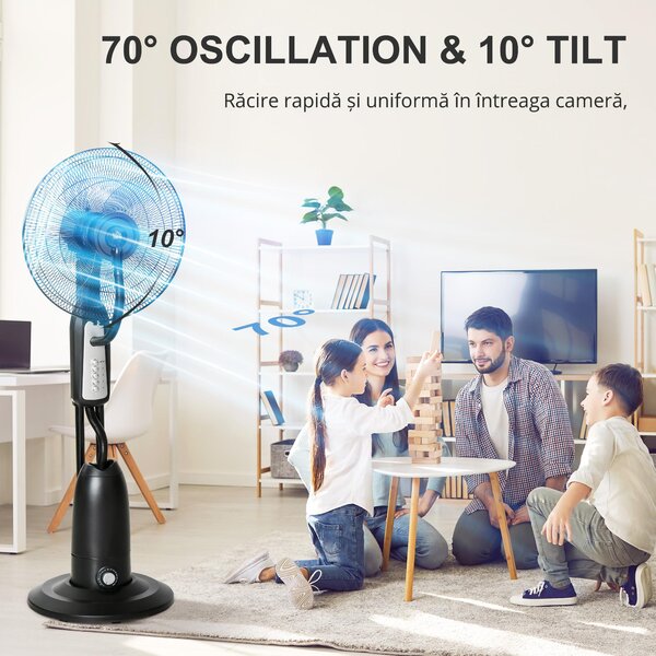 HOMCOM Ventilator Nebulizator cu 4 Roți, cu Rezervor 2.8L și 4 Viteze, Ventilator de Podea Metalic, PE și ABS, 44.5x44.5x120 cm, Negru