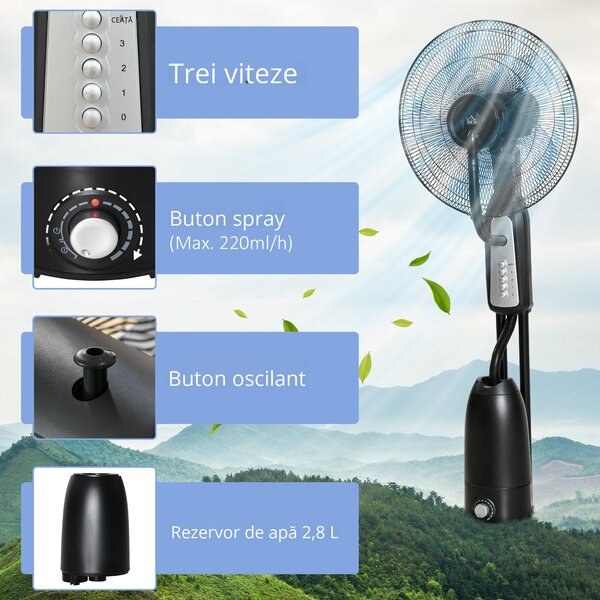 HOMCOM Ventilator Nebulizator cu 4 Roți, cu Rezervor 2.8L și 4 Viteze, Ventilator de Podea Metalic, PE și ABS, 44.5x44.5x120 cm, Negru