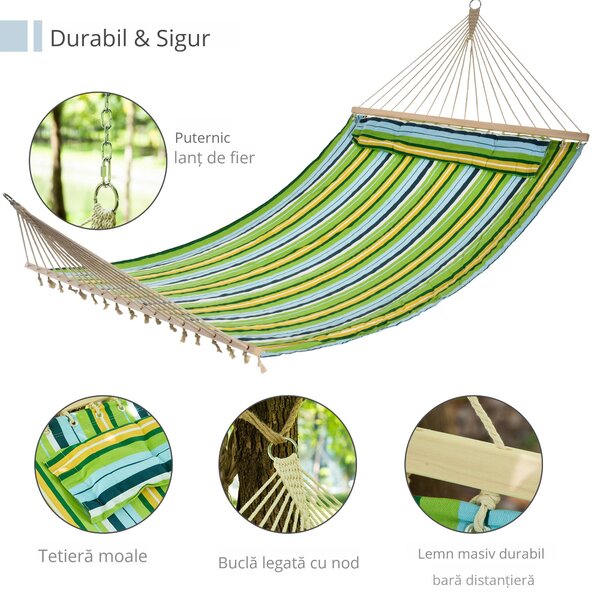 Outsunny Hamac de Grădina pentru Relaxare, 1-2 Persoane, din Bumbac și Poliester, cu Pernă Detașabilă, 400x140 cm | Aosom Romania