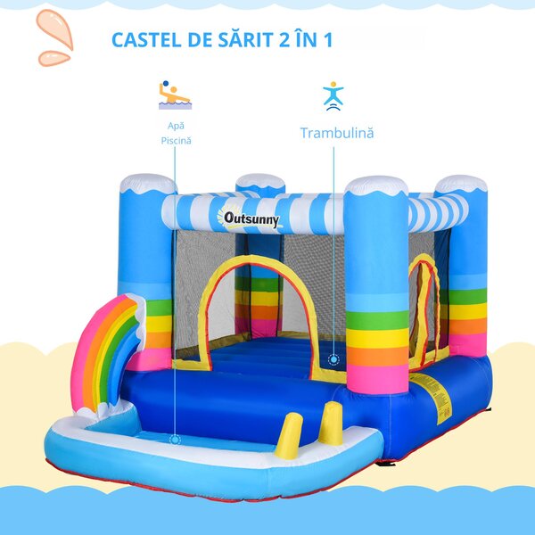 Castel Gonflabil pentru Copii Outsunny cu Trambulina si Piscina, Pompa Electrica Inclusa 290x200x155cm, Multicolor | Aosom Romania