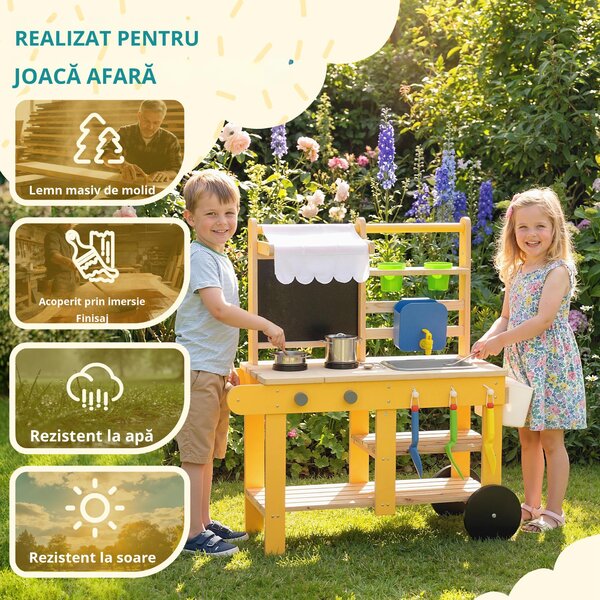 AIYAPLAY Bucătărie de jucărie exterioară din lemn cu roți Apă reală Ghivece Tablă și 15 accesorii 84,2x34,4x90 cm Galben | Aosom Romania