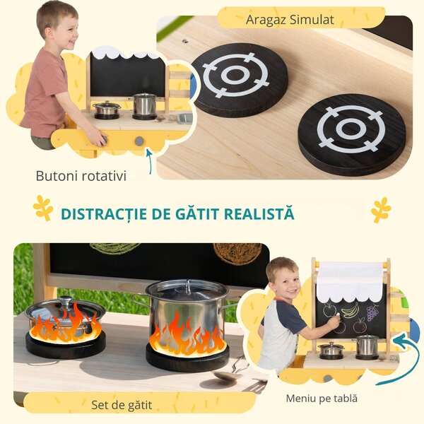 AIYAPLAY Bucătărie de jucărie exterioară din lemn cu roți Apă reală Ghivece Tablă și 15 accesorii 84,2x34,4x90 cm Galben | Aosom Romania