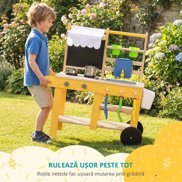 AIYAPLAY Bucătărie de jucărie exterioară din lemn cu roți Apă reală Ghivece Tablă și 15 accesorii 84,2x34,4x90 cm Galben | Aosom Romania