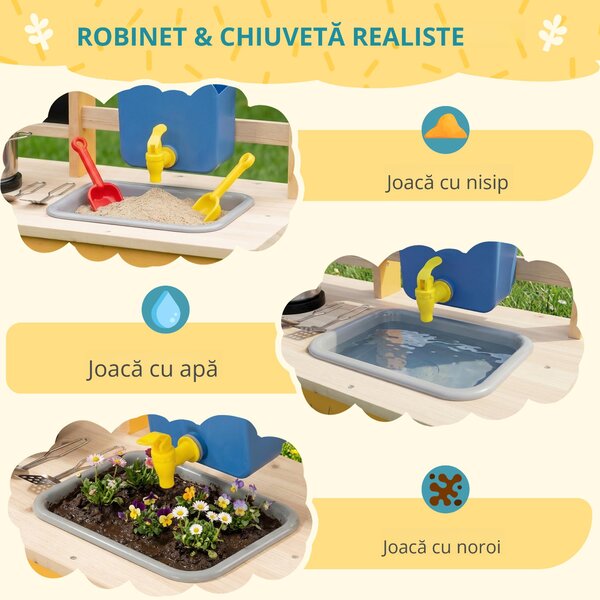 AIYAPLAY Bucătărie de jucărie exterioară din lemn cu roți Apă reală Ghivece Tablă și 15 accesorii 84,2x34,4x90 cm Galben | Aosom Romania
