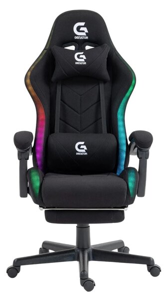 Scaun gaming cu masaj în perna lombară, sistem iluminare bandă LED RGB, suport picioare, material textil, Negru