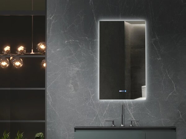 Oglinda baie, Multifuncțională, Iluminare LED 3 culori, Ceas încorporat, Sistem Dezaburire, 60x80 cm