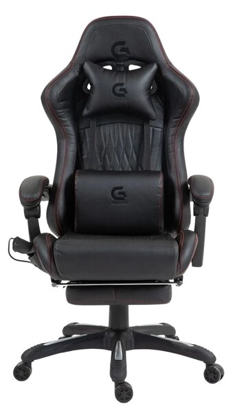 Scaun gaming, Masaj in 7 puncte, Boxe Bluetooth, funcție șezlong, 90-155 grade, suport picioare, PU, Negru/cusatura rosie