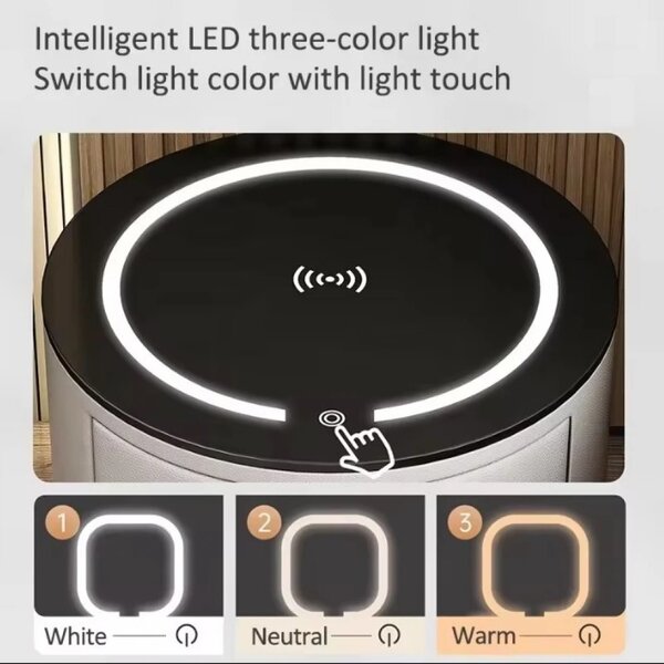 Noptieră inteligentă multifuncțională rotundă, 3 sertare, iluminare LED-uri Touch, blocare amprentă, încărcare fără fir, sticlă securizată, Gri