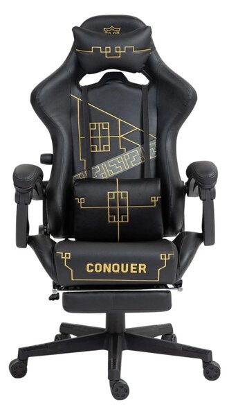 Scaun gaming, ergonomic, perna lombara cu masaj, suport lombar reglabil, spătar reglabil 90-155°, suport pentru picioare, piele PU, Negru/Auriu