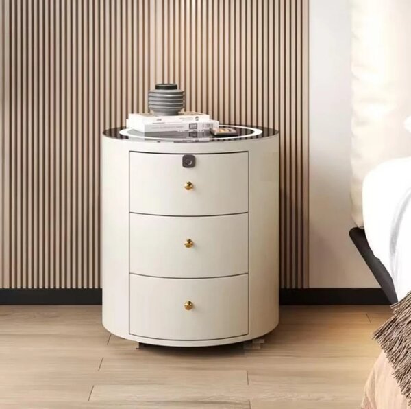 Noptieră inteligentă multifuncțională rotundă, 3 sertare, iluminare LED-uri Touch, blocare amprentă, încărcare fără fir, sticlă securizată, Alb