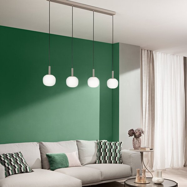 Luce Ambiente Design Lampă suspendată Eris, lungime 114 cm, maro/alb, metal/sticlă, cu 4 becuri, reglabil, Maro / Rugină, Camera de zi / sufragerie, Aluminiu, Modern