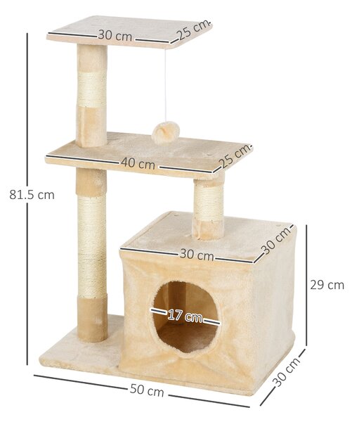 Centru de activitati PawHut cu spatiu pentru zgariat si culcus pentru pisici minge sfoara din sisal plus din lemn bej 50 x 30 x 80cm | Aosom RO