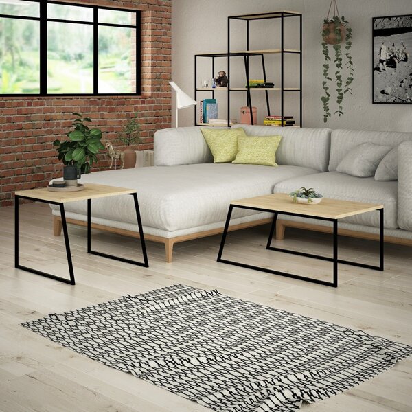 Set 2 masute cafea 855DTE2917, stejar/negru, PAL melaminat/metal