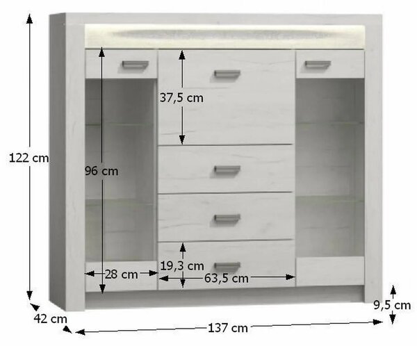 Vitrina INDIANAPOLIS I8, stejar craft alb, PAL laminat, 137x42x122 cm