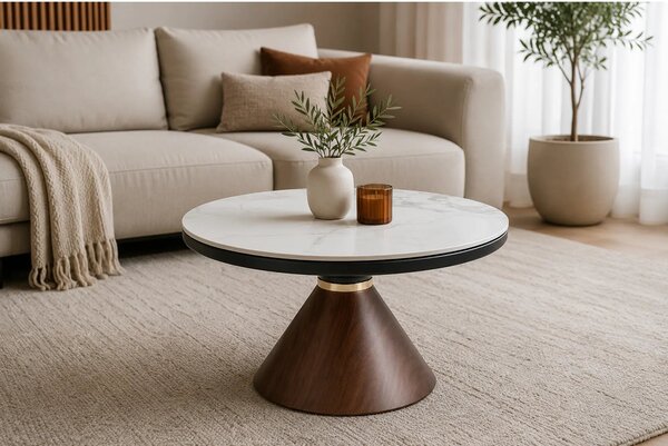 Masuta cafea GENESIS, alb cu efect de marmura/nuc/auriu, ceramica/otel