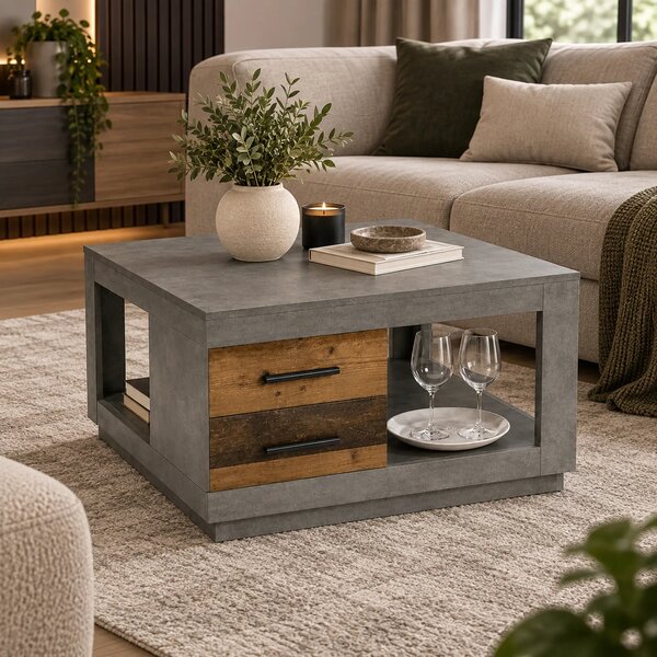 Masuta cafea Fulda, gri ciment/lemn antichizat, PAL, 80x80x46 cm