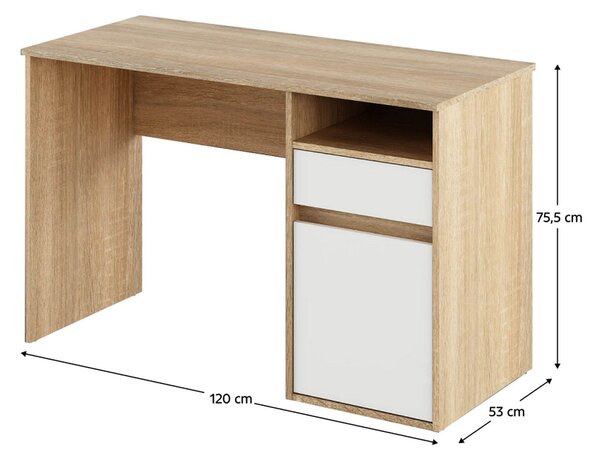 Birou BILI NEW, stejar sonoma/alb, DTD laminat, 120x53x75.5 cm