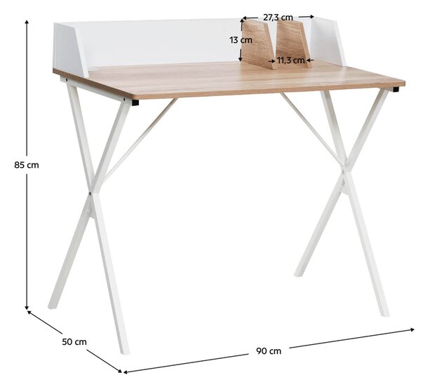 Masa birou PSALMO, alb/stejar, DTD laminat/metal, 90x50x85 cm
