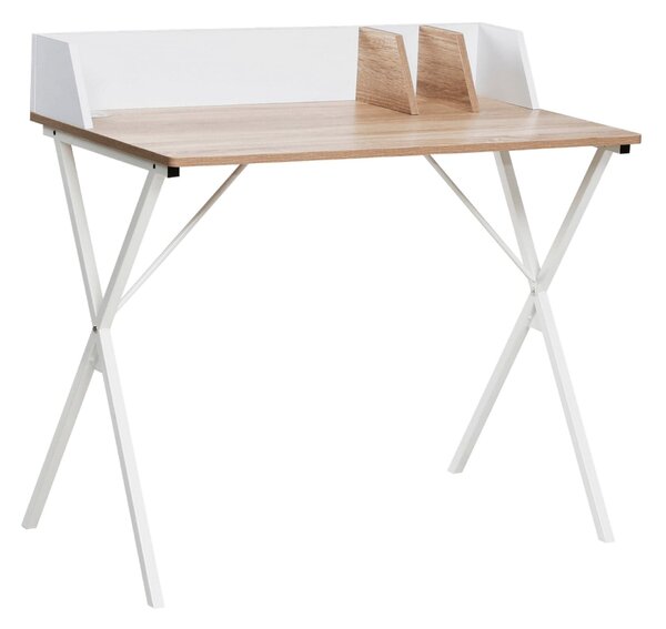 Masa birou PSALMO, alb/stejar, DTD laminat/metal, 90x50x85 cm