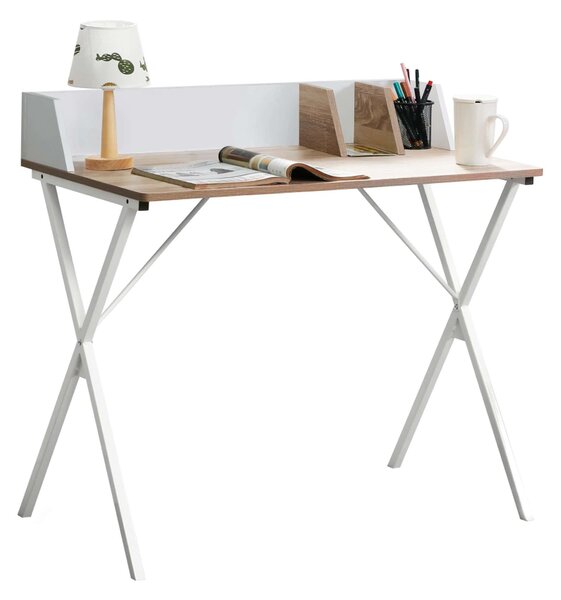 Masa birou PSALMO, alb/stejar, DTD laminat/metal, 90x50x85 cm