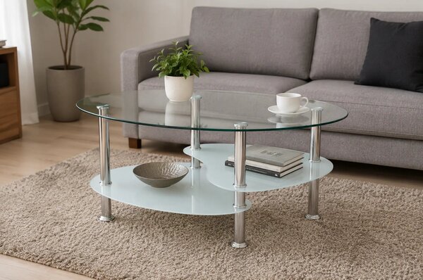 Masuta de cafea WAVE NEW, transparent/alb/crom, sticla/otel, 90x41x55
