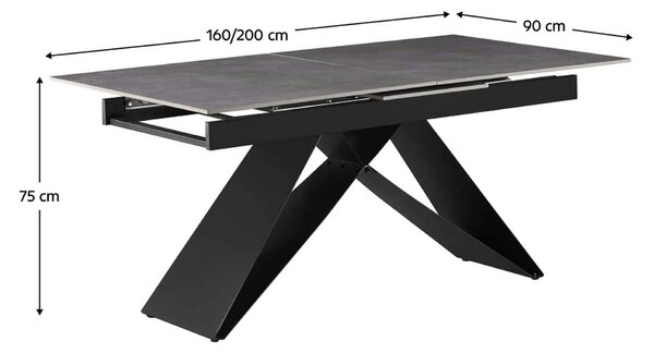 Masa extensibila MAJED, gri beton/negru, ceramica/metal, 160/200x90x75
