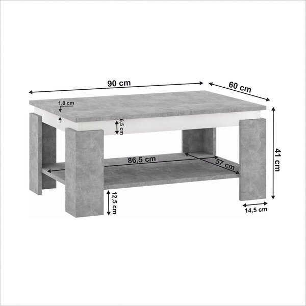 Masuta cafea PIANI, gri beton/alb, 90x60x41 cm