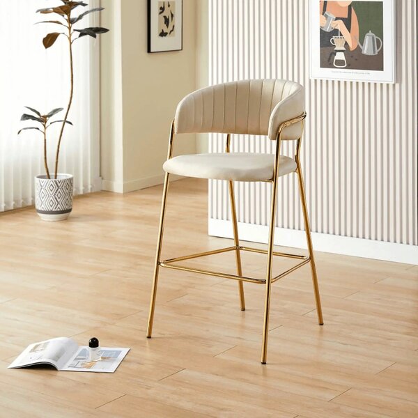 Scaun bar DASMIN TIP 2, bej/auriu, stofa catilfelata/metal, 54x54x109
