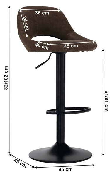 Scaun bar LORASA NEW, maro/negru, piele intoarsa/metal, 45x45x82/102 c