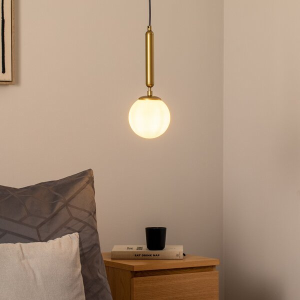 Opviq Lampă suspendată King, auriu/opal, sticlă, Ø 15 cm, E14, reglabil, Auriu / Alamă, Camera de zi / sufragerie, Sticlă