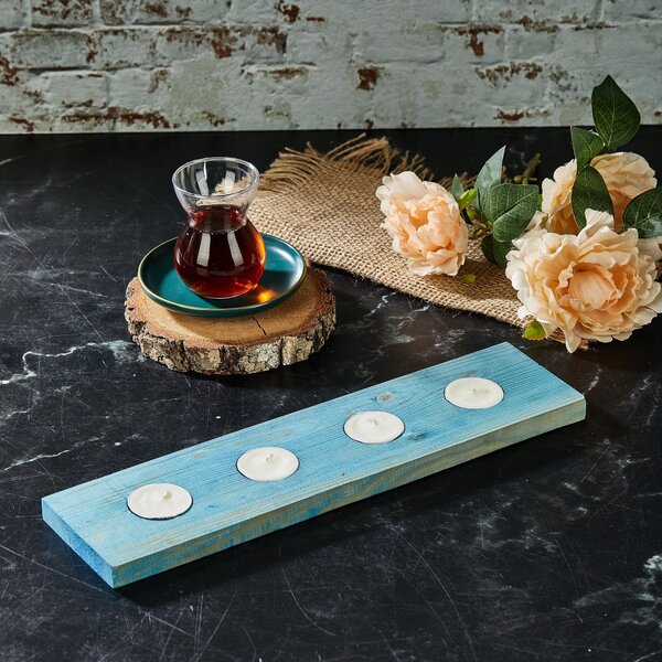 Suport lumanari TEALIGHT MA, albastru, lemn, 35x9 cm