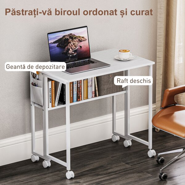 HOMCOM Birou pliabil 80cm, raft, roți, alb | Aosom Romania