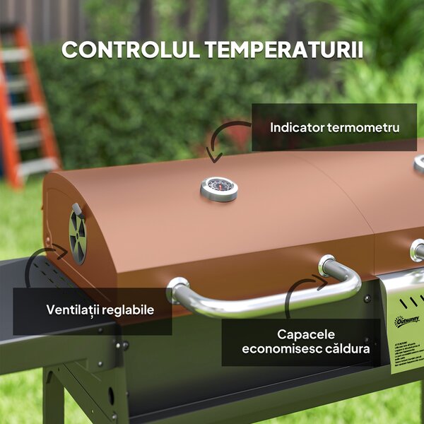 Outsunny Grill Gaz-Cărbune, 3 Arzătoare 7kW, Negru | Aosom Romania