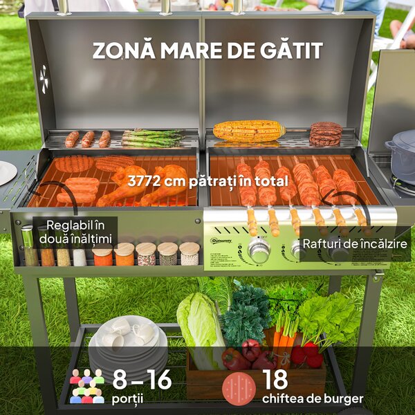 Outsunny Grill Gaz-Cărbune, 3 Arzătoare 7kW, Negru | Aosom Romania