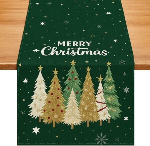 Fata de masa de Craciun din in STARLIT TREES 33x180 cm, verde