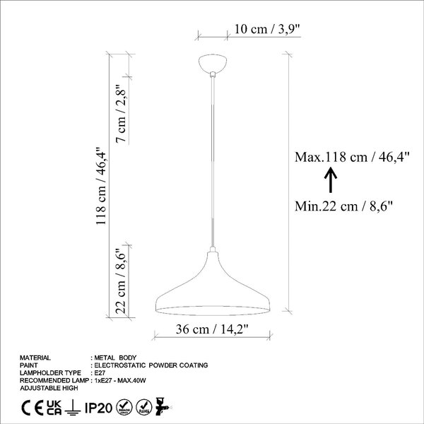 Lustra 795LMG1220, metal, 36x22-118 cm