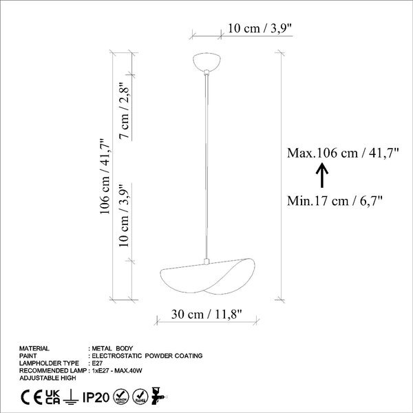Lustra EGER, albastru, metal, 30x20x17-106 cm