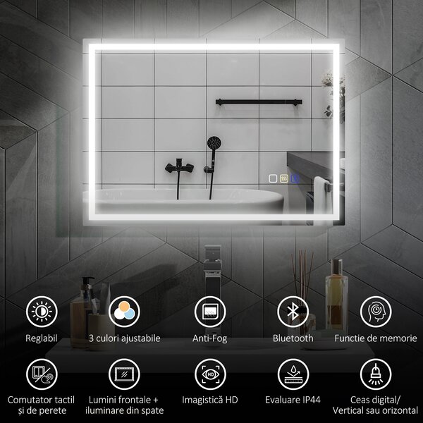 HOMCOM Oglindă Baie Antiaburire cu Lumină LED și Difuzor Bluetooth 50x70 cm | Aosom Romania