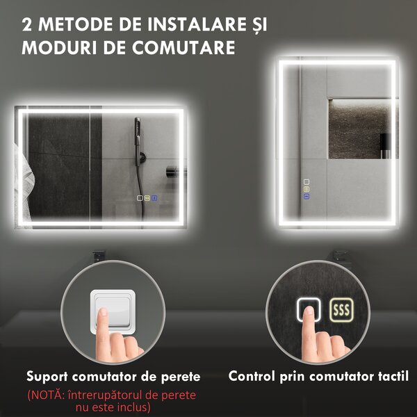 HOMCOM Oglindă Baie Antiaburire cu Lumină LED și Difuzor Bluetooth 50x70 cm | Aosom Romania