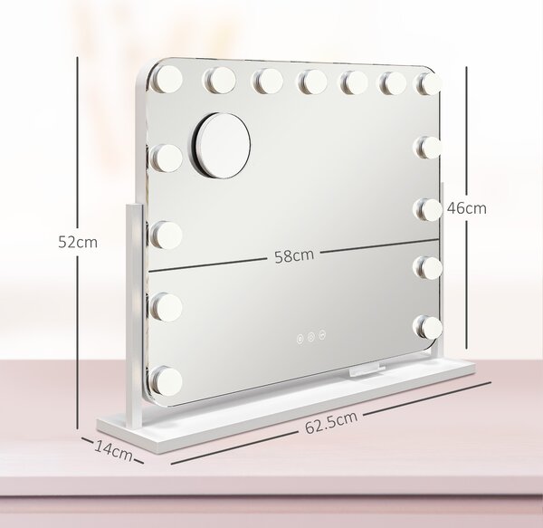 HOMCOM Oglindă Machiaj cu 15 LED-uri din Sticlă și Metal Alb | Aosom Romania