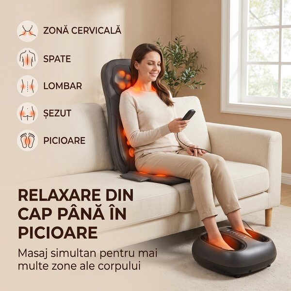 Saltea masaj corp intreg 5-in-1 cu role Shiatsu, vibratii si incalzire