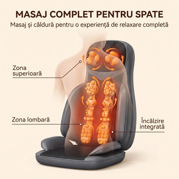 Saltea masaj corp intreg 5-in-1 cu role Shiatsu, vibratii si incalzire